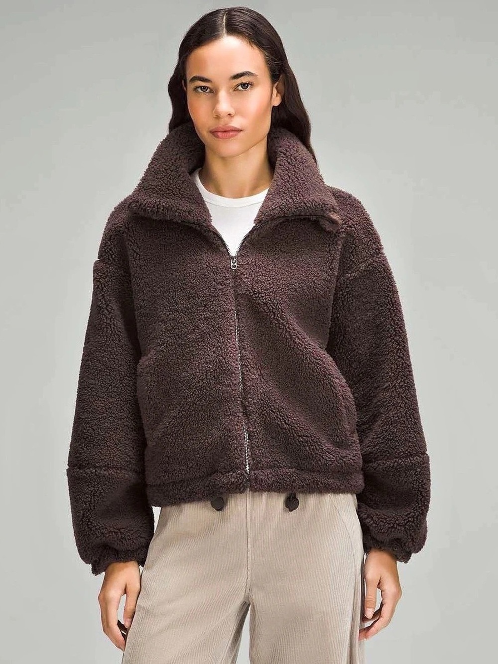 Lululemon Textured Cinchable Full Zip Teddy Fleece Jacket in Espresso Sz 6